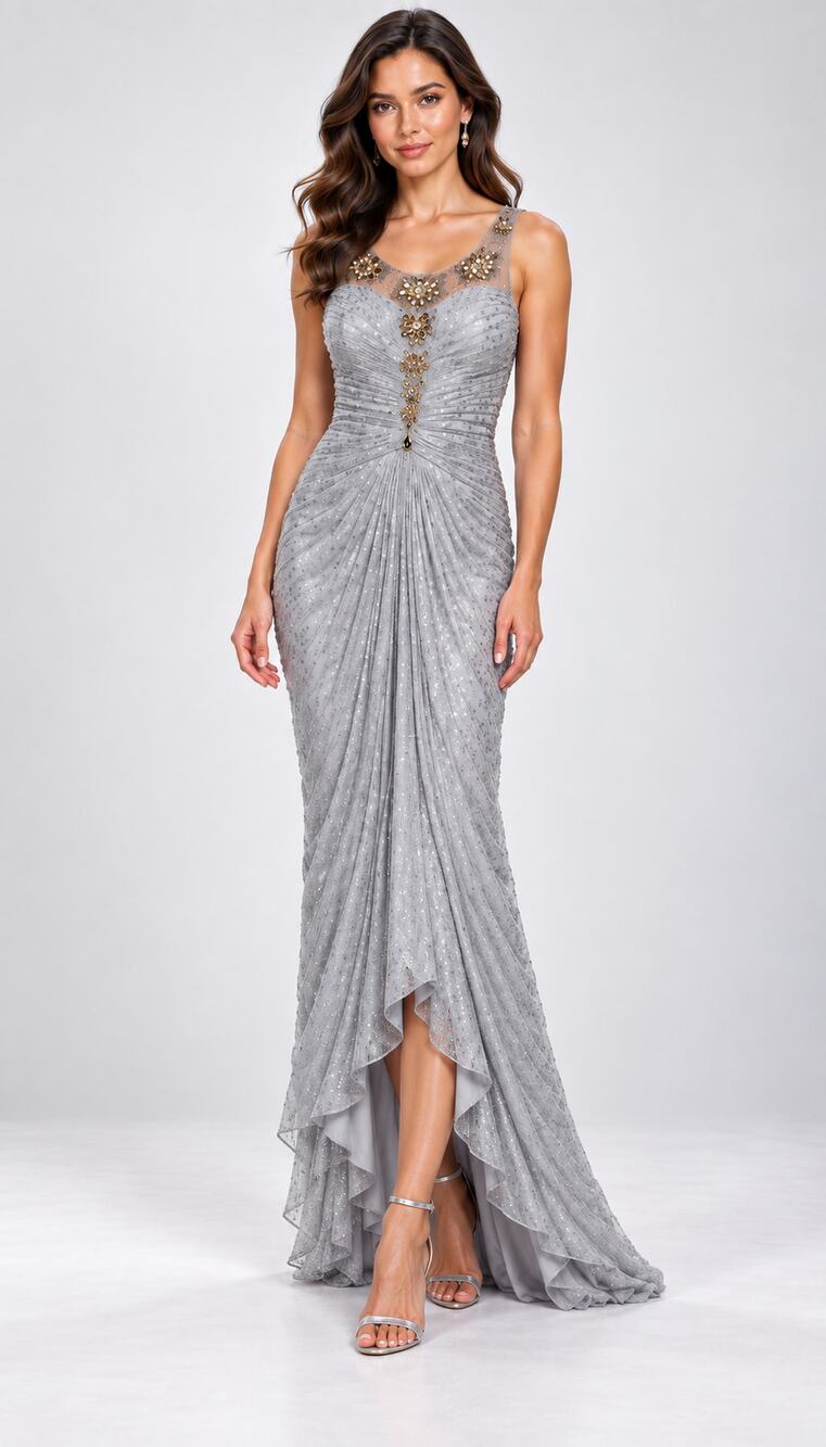 Adrianna Papell Size 8 Silver Embellished High Low Formal Evening Gown
